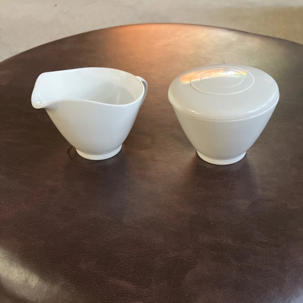 Vintage White Melamine MId Century Modern Cream and Sugar Set w/ Lid